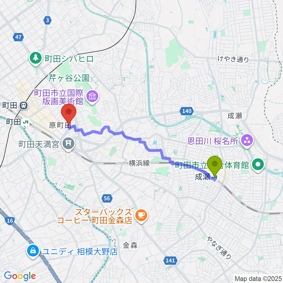 成瀬駅から町田ミュージックサロンフォーボイスへのルートマップ地図
