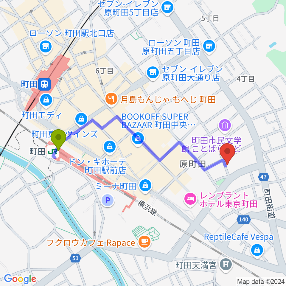 町田ミュージックサロンフォーボイスの最寄駅町田駅からの徒歩ルート（約9分）地図