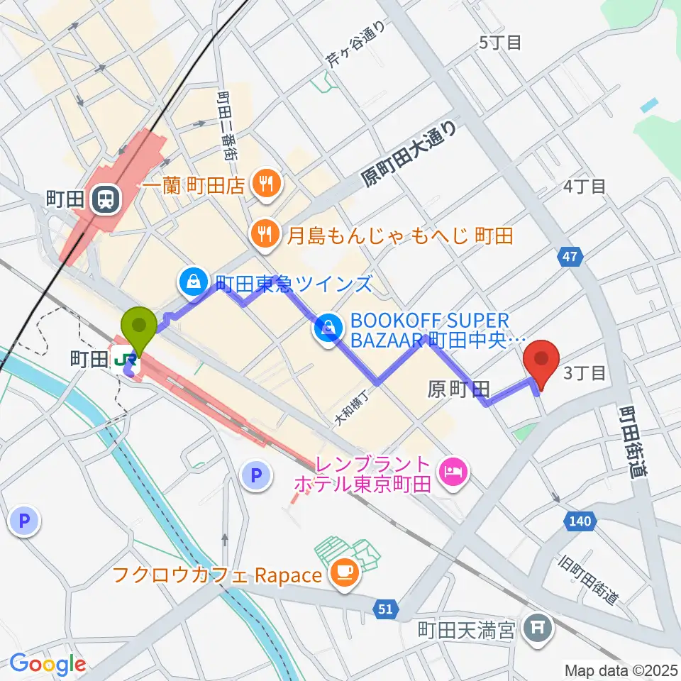 町田ミュージックサロンフォーボイスの最寄駅町田駅からの徒歩ルート（約9分）地図