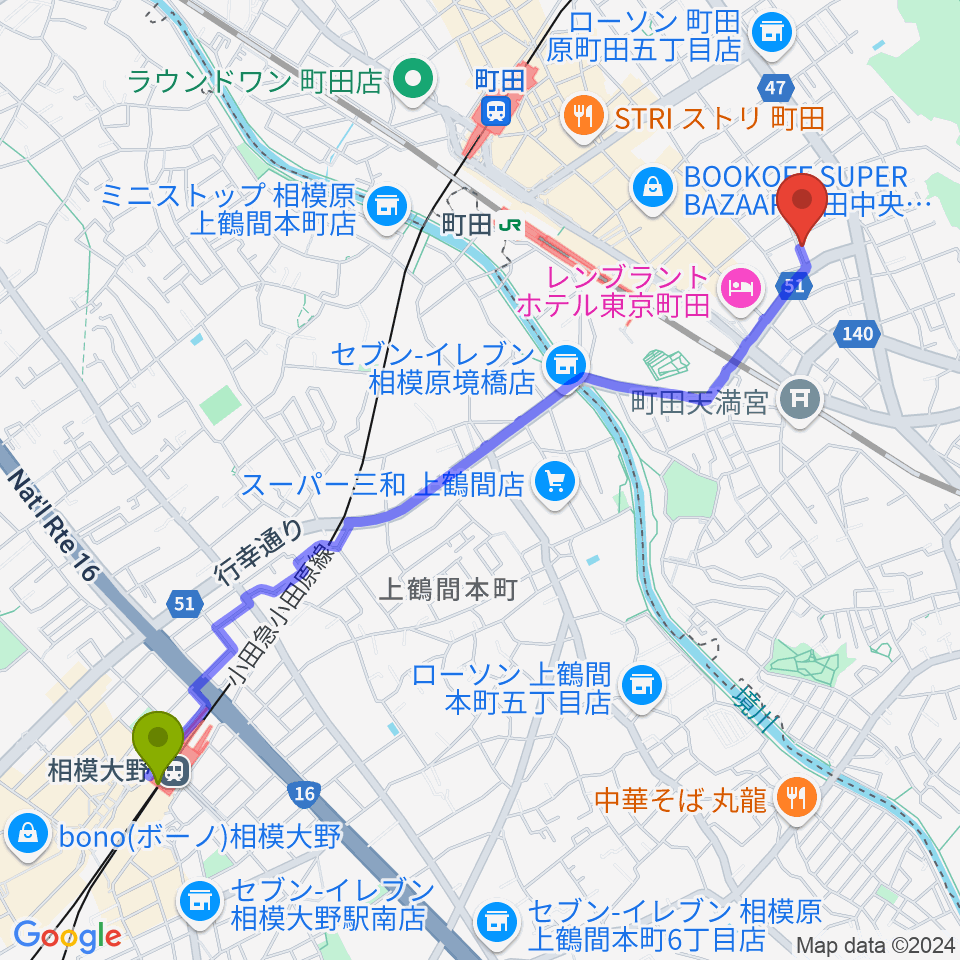 相模大野駅から町田ミュージックサロンフォーボイスへのルートマップ地図