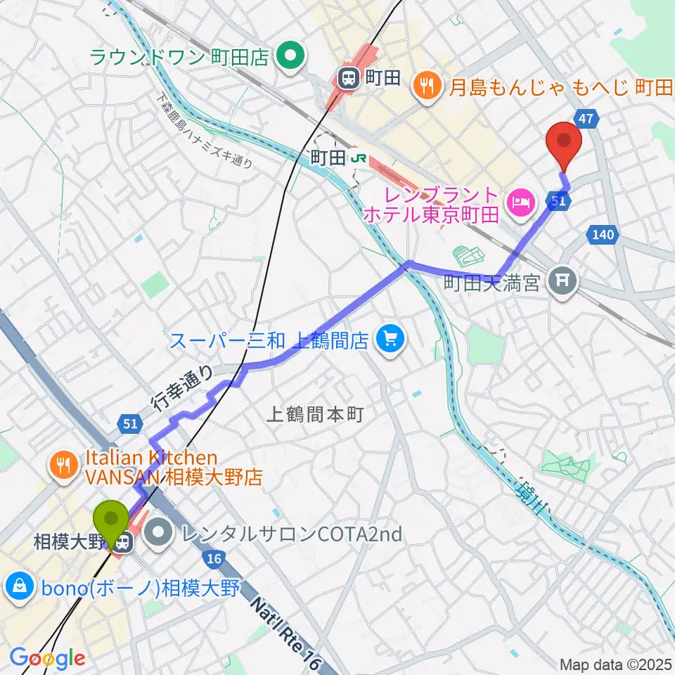 相模大野駅から町田ミュージックサロンフォーボイスへのルートマップ地図