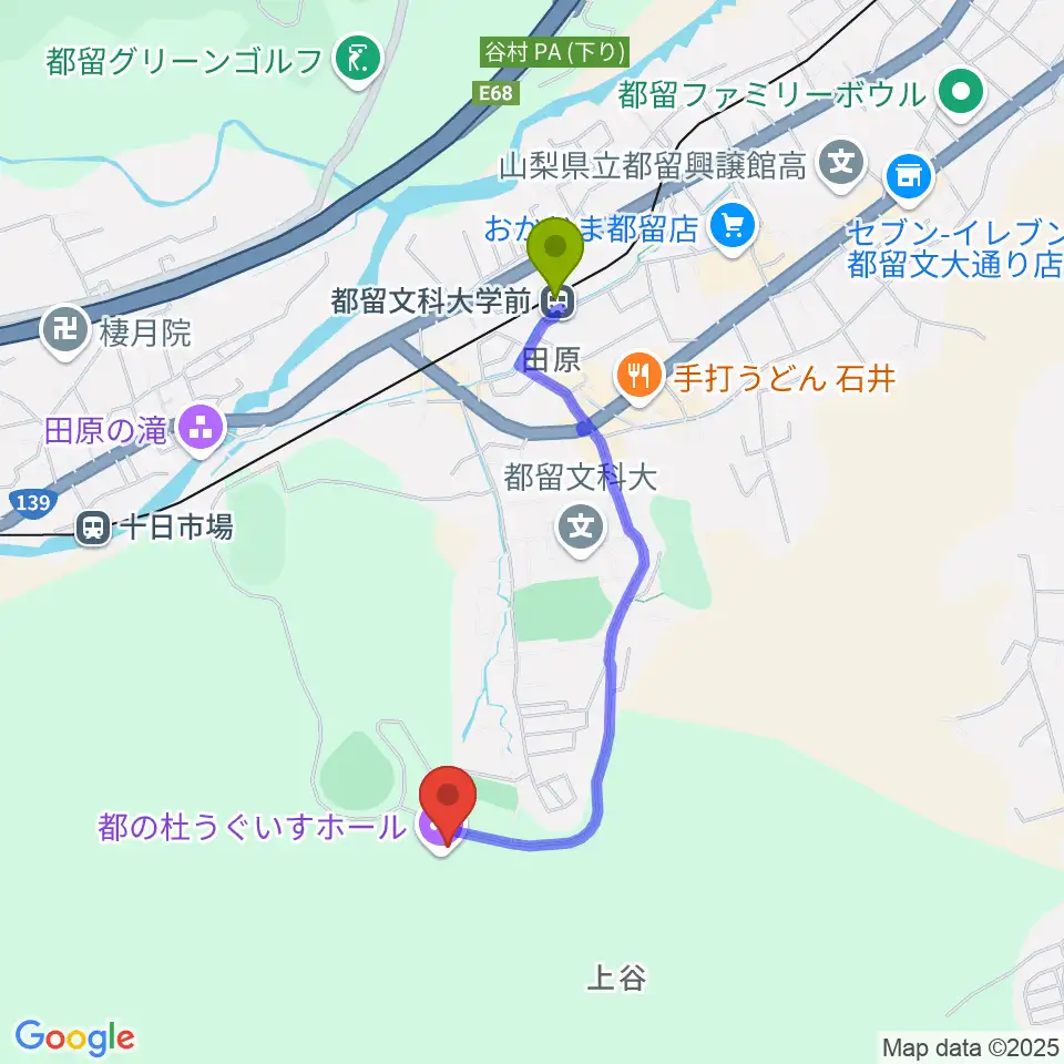 都留文科大学前駅から都の杜うぐいすホールへのルートマップ地図