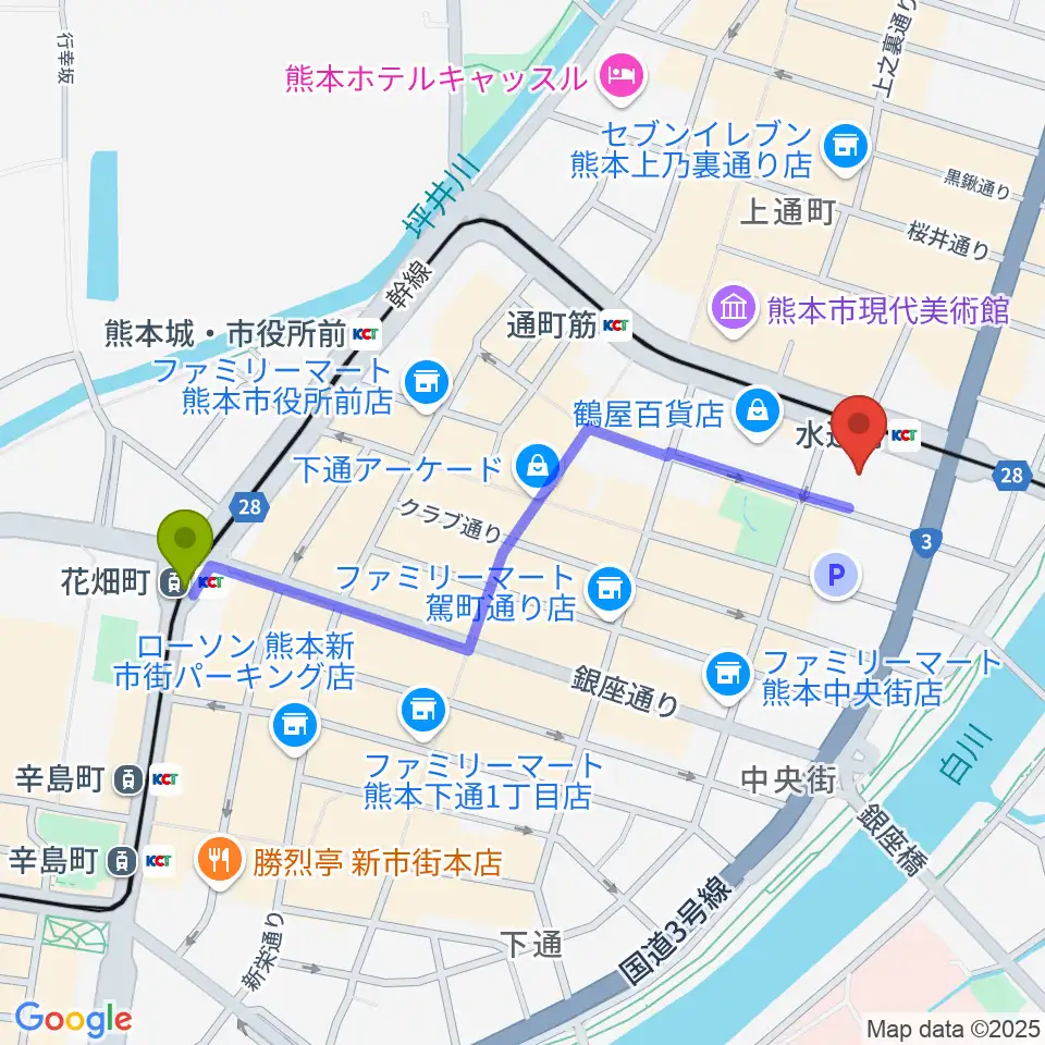花畑町駅から鶴屋ホールへのルートマップ地図
