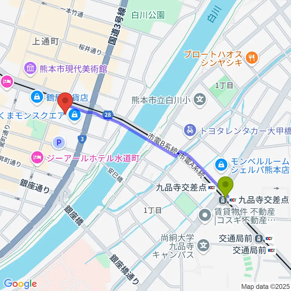 九品寺交差点駅から鶴屋ホールへのルートマップ地図