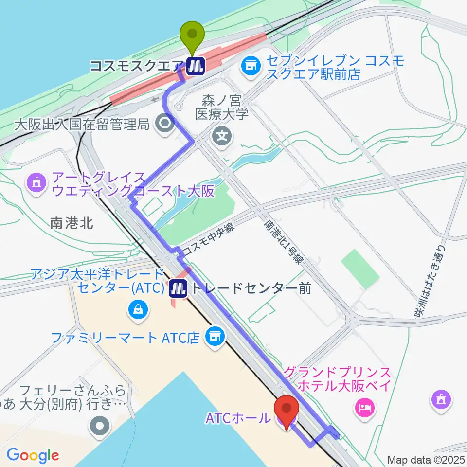 コスモスクエア駅からATCホールへのルートマップ地図