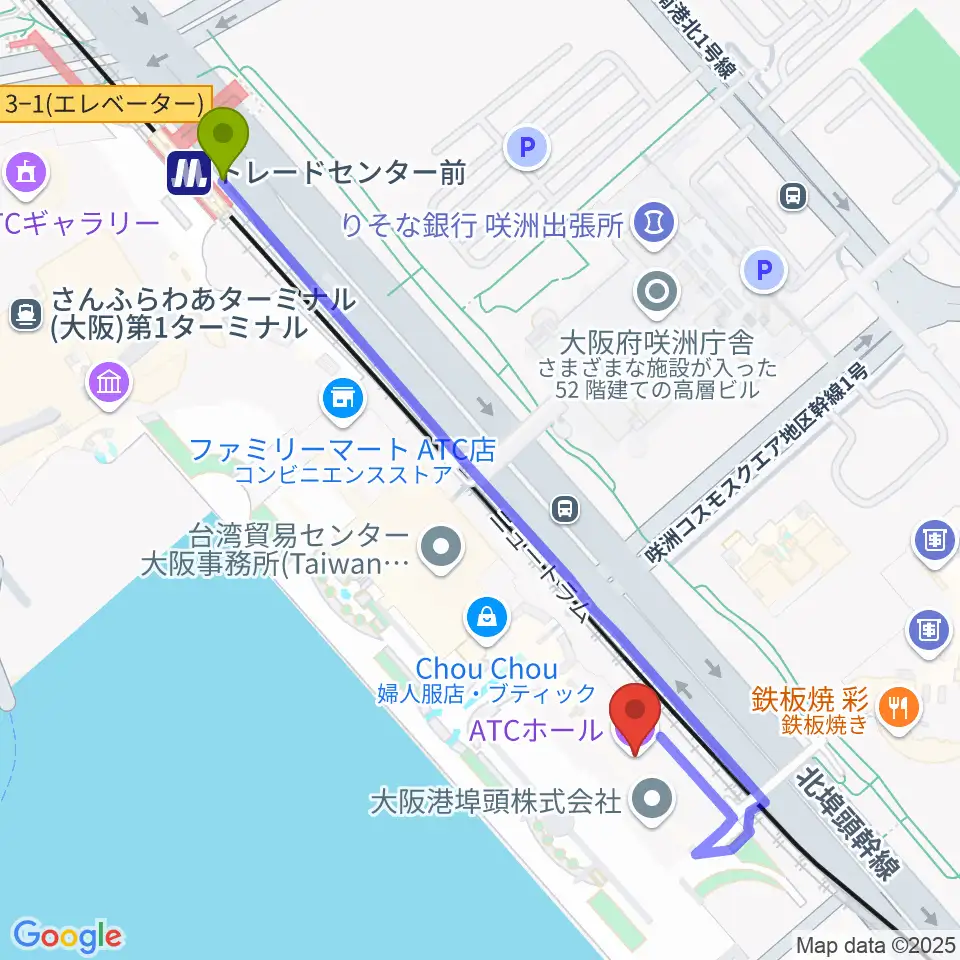 トレードセンター前駅からATCホールへのルートマップ地図