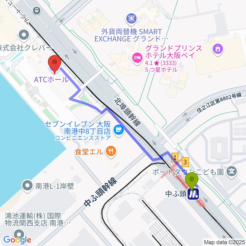 ATCホールの最寄駅中ふ頭駅からの徒歩ルート（約6分）地図