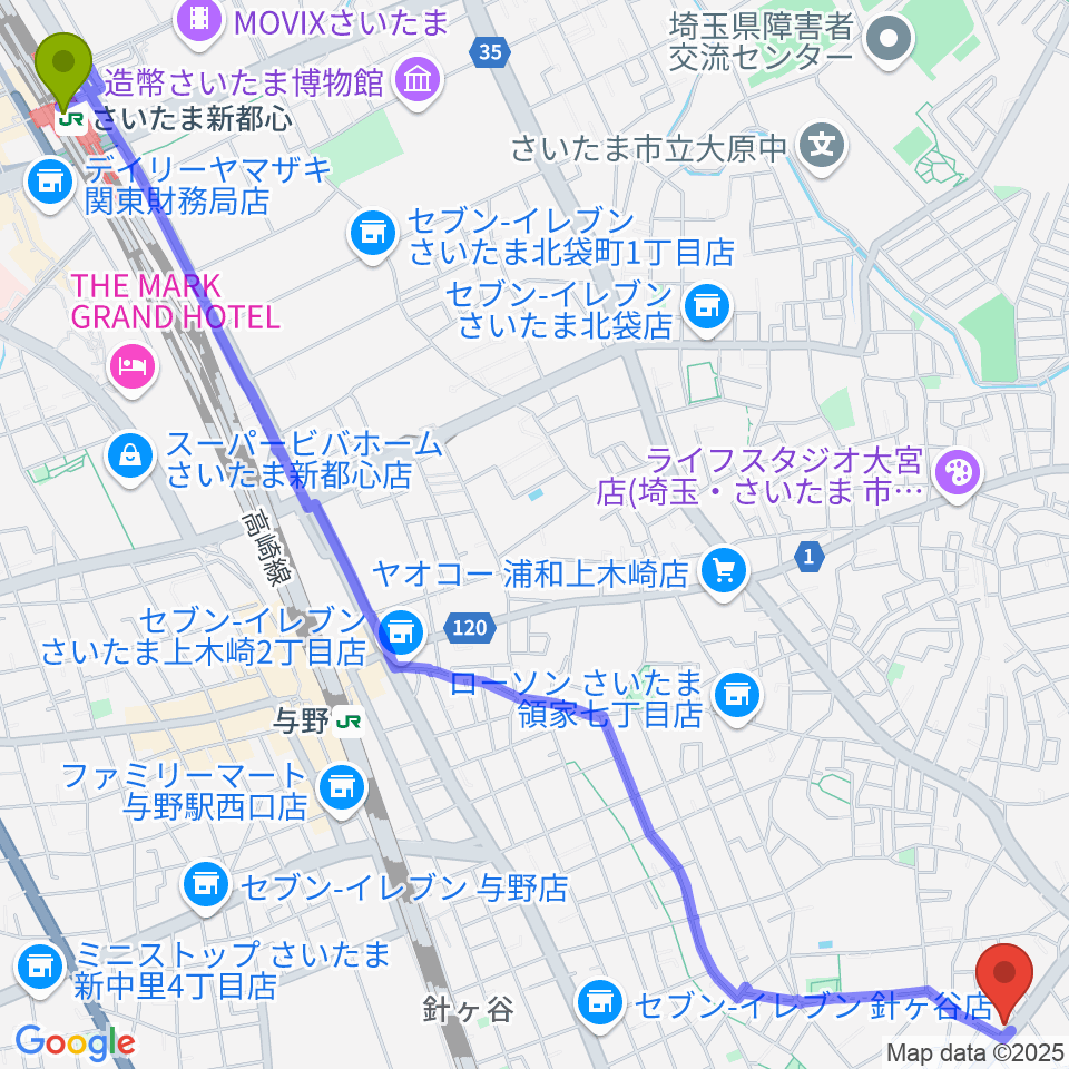 さいたま新都心駅から柏屋楽器 領家ミュージックセンターへのルートマップ地図