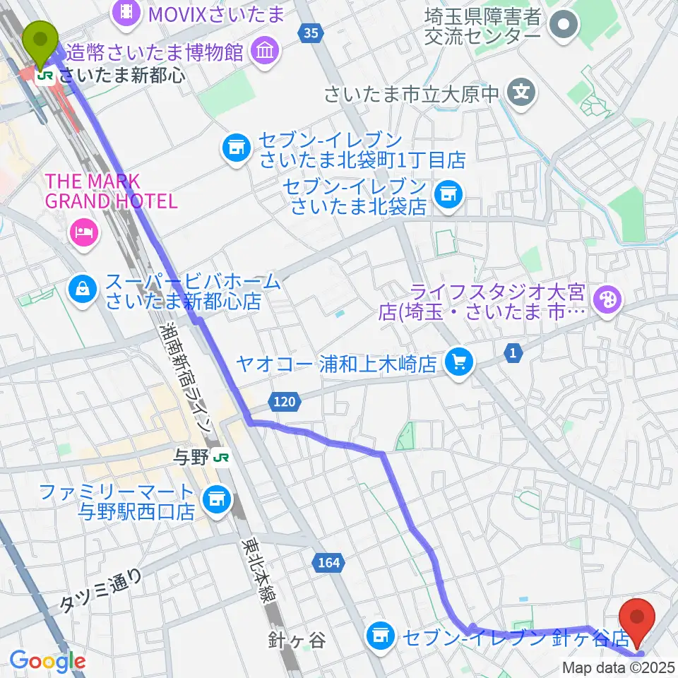 さいたま新都心駅から柏屋楽器 領家ミュージックセンターへのルートマップ地図