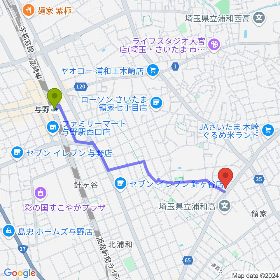 与野駅から柏屋楽器 領家ミュージックセンターへのルートマップ地図