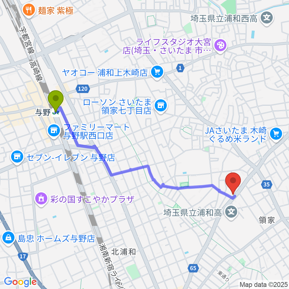 与野駅から柏屋楽器 領家ミュージックセンターへのルートマップ地図