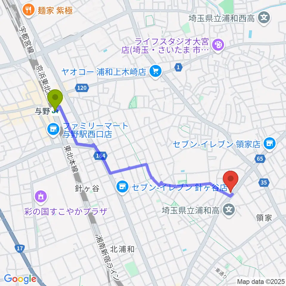 与野駅から柏屋楽器 領家ミュージックセンターへのルートマップ地図