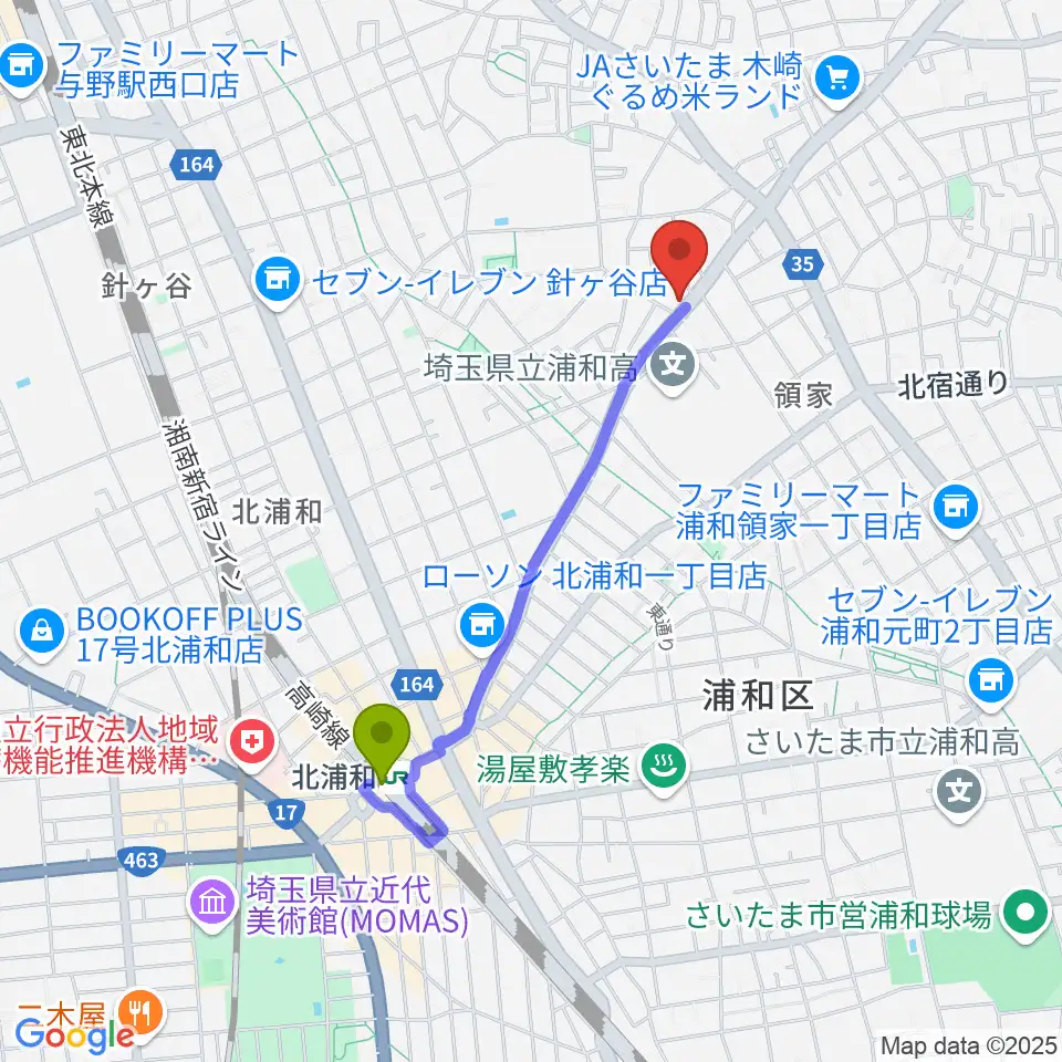 柏屋楽器 領家ミュージックセンターの最寄駅北浦和駅からの徒歩ルート（約17分）地図