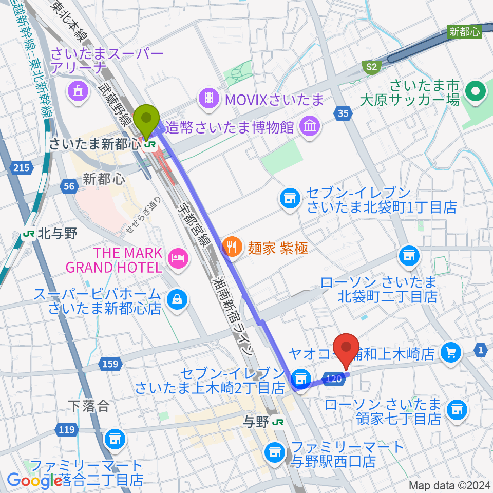 さいたま新都心駅から柏屋楽器 木崎ミュージックセンターへのルートマップ地図