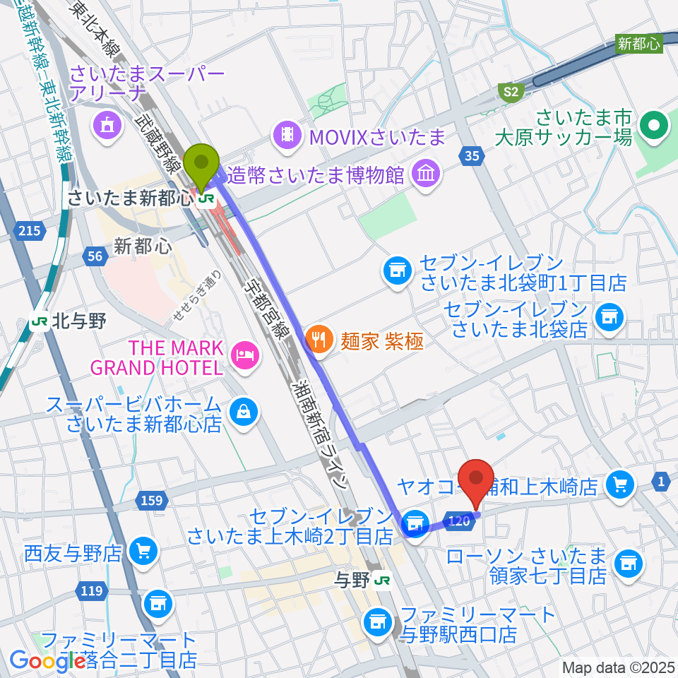 さいたま新都心駅から柏屋楽器 木崎ミュージックセンターへのルートマップ地図