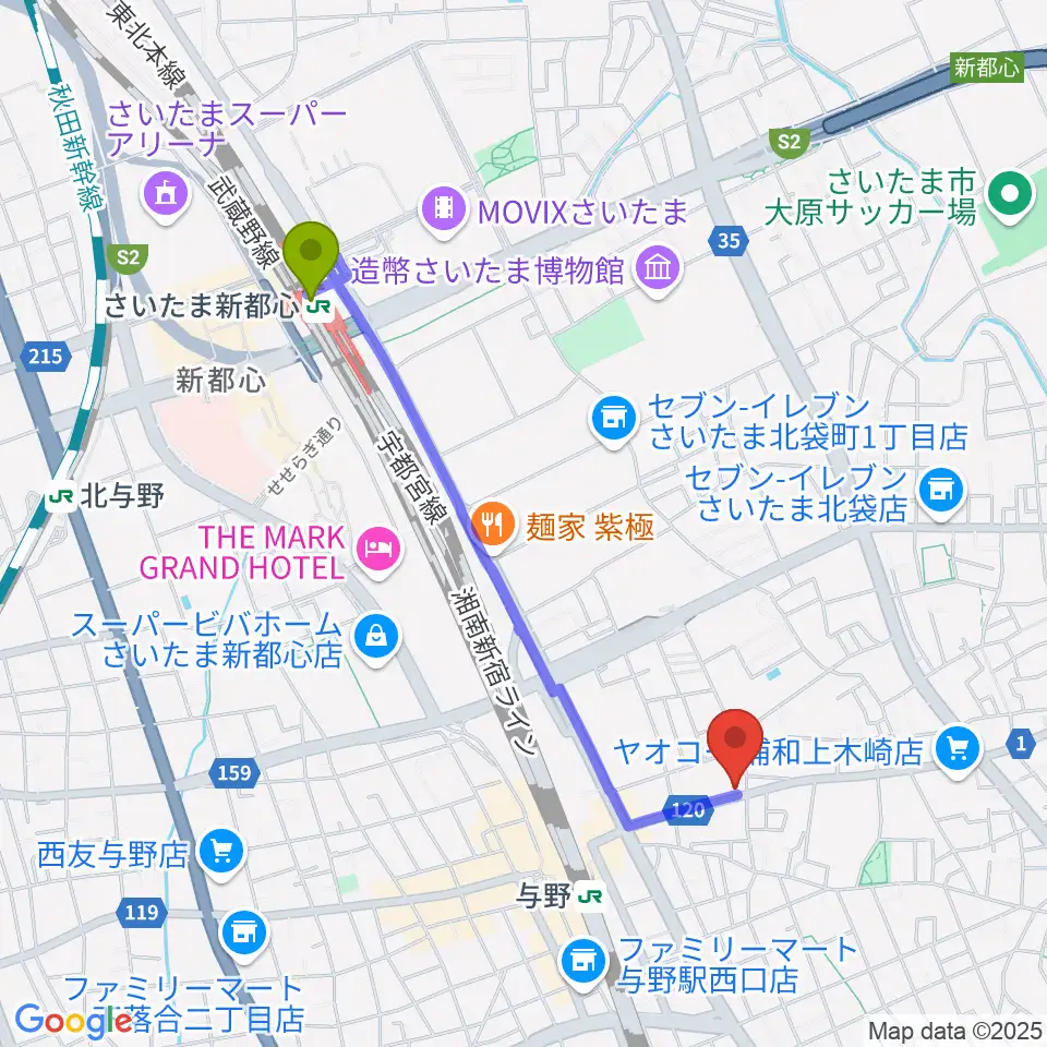 さいたま新都心駅から柏屋楽器 木崎ミュージックセンターへのルートマップ地図