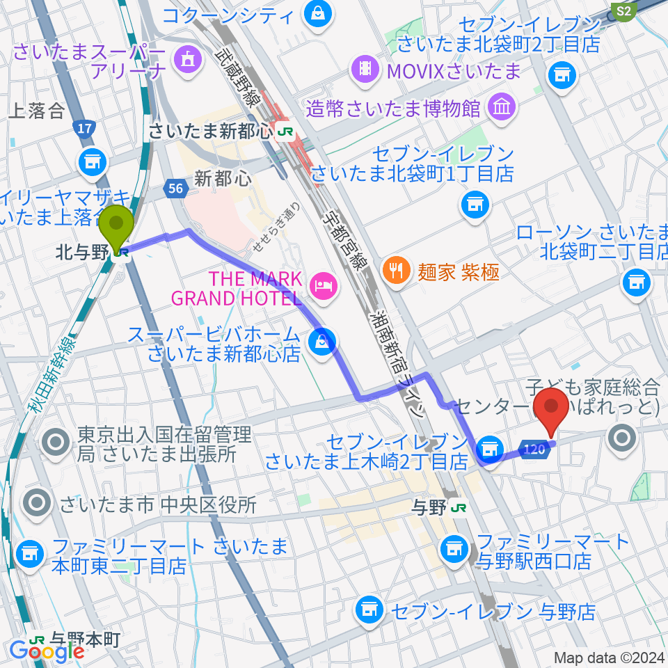 北与野駅から柏屋楽器 木崎ミュージックセンターへのルートマップ地図