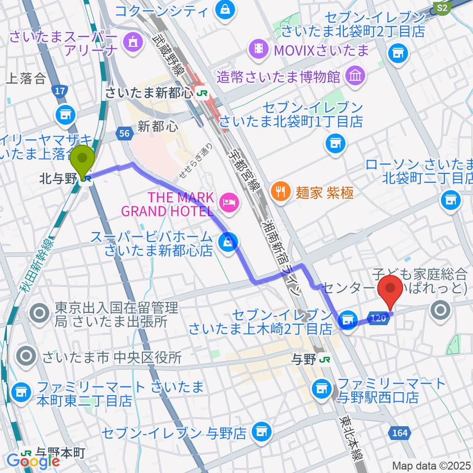 北与野駅から柏屋楽器 木崎ミュージックセンターへのルートマップ地図