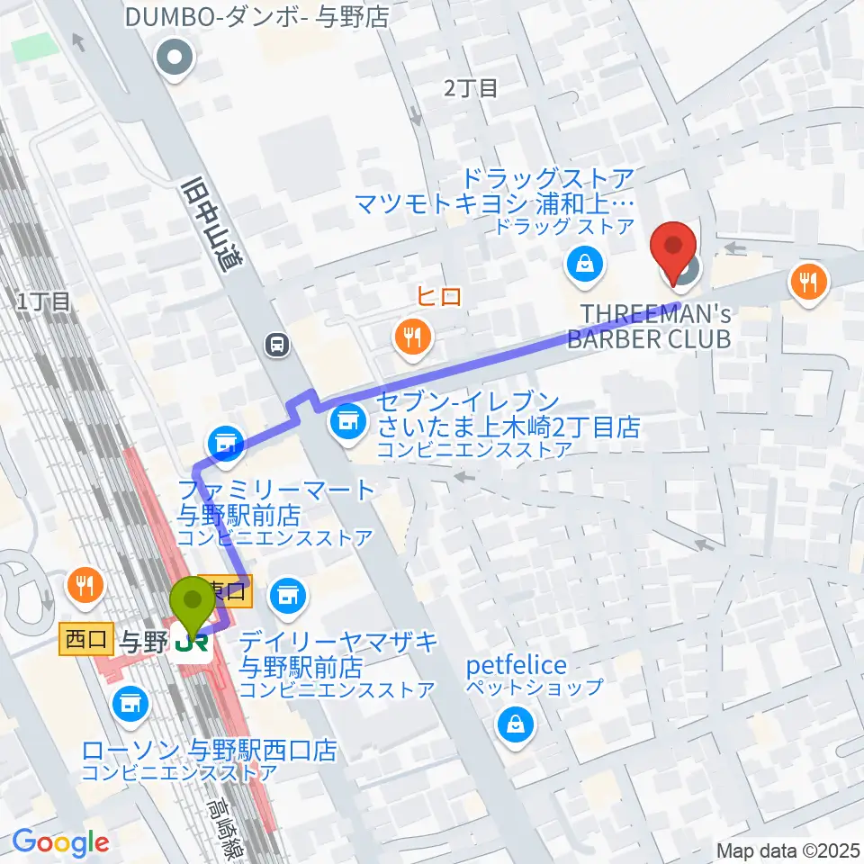 柏屋楽器 木崎ミュージックセンターの最寄駅与野駅からの徒歩ルート（約5分）地図