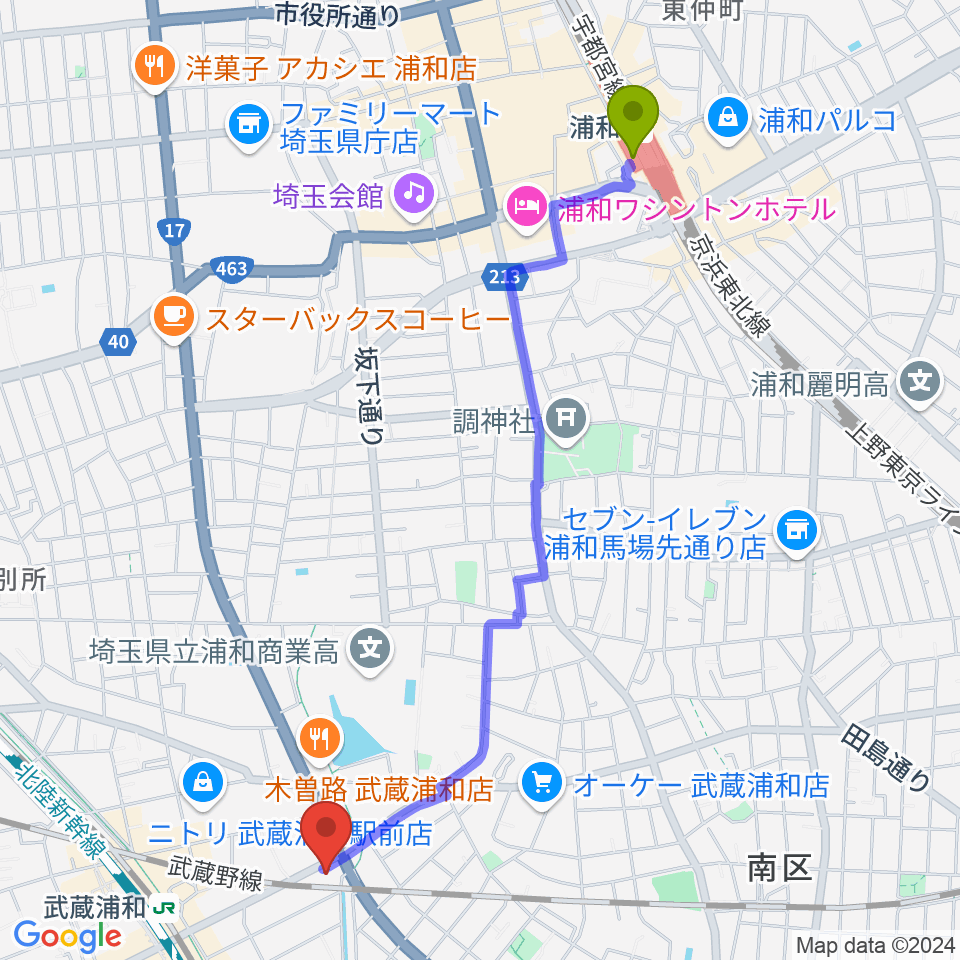 浦和駅から柏屋楽器 武蔵浦和ミュージックセンターへのルートマップ地図