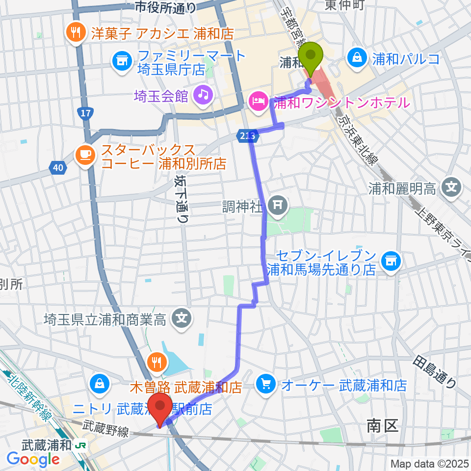 浦和駅から柏屋楽器 武蔵浦和ミュージックセンターへのルートマップ地図