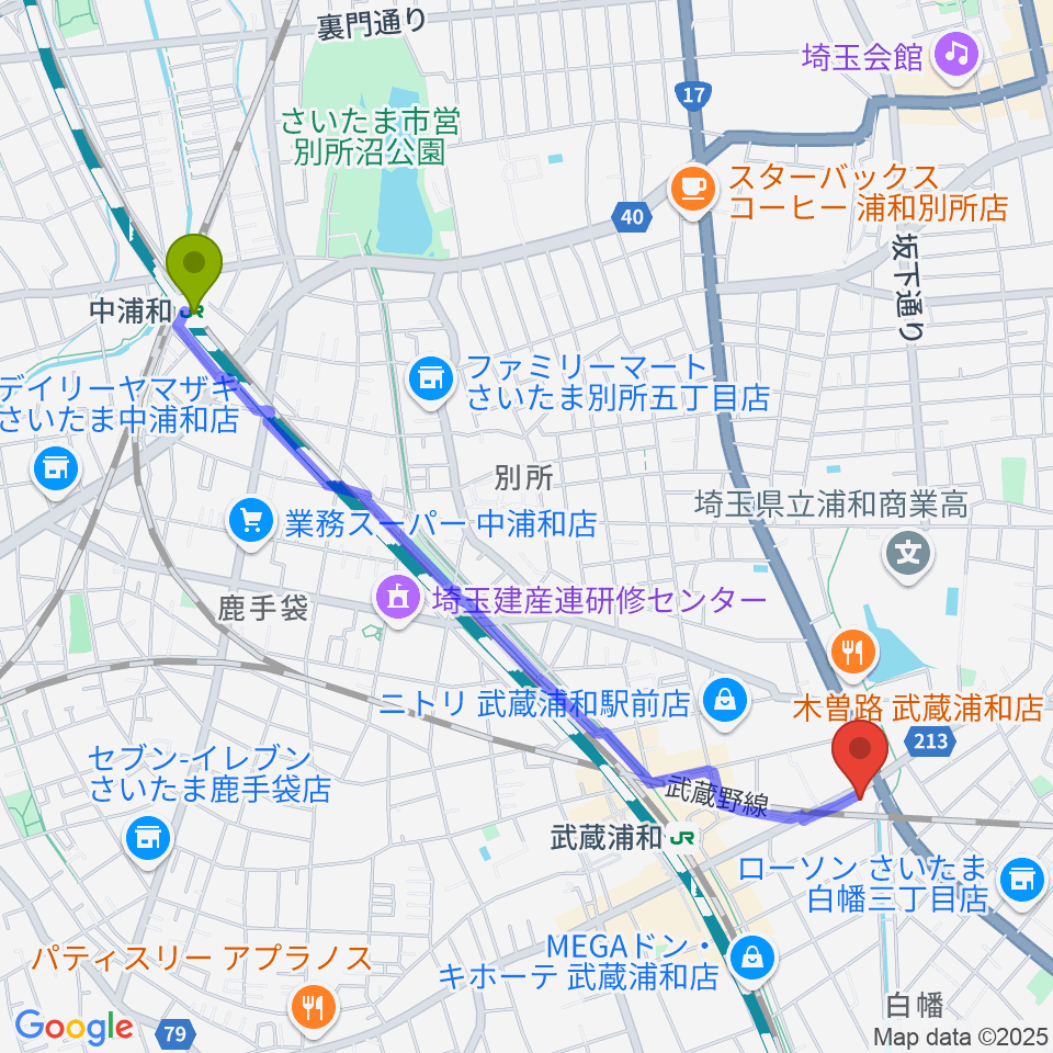 中浦和駅から柏屋楽器 武蔵浦和ミュージックセンターへのルートマップ地図