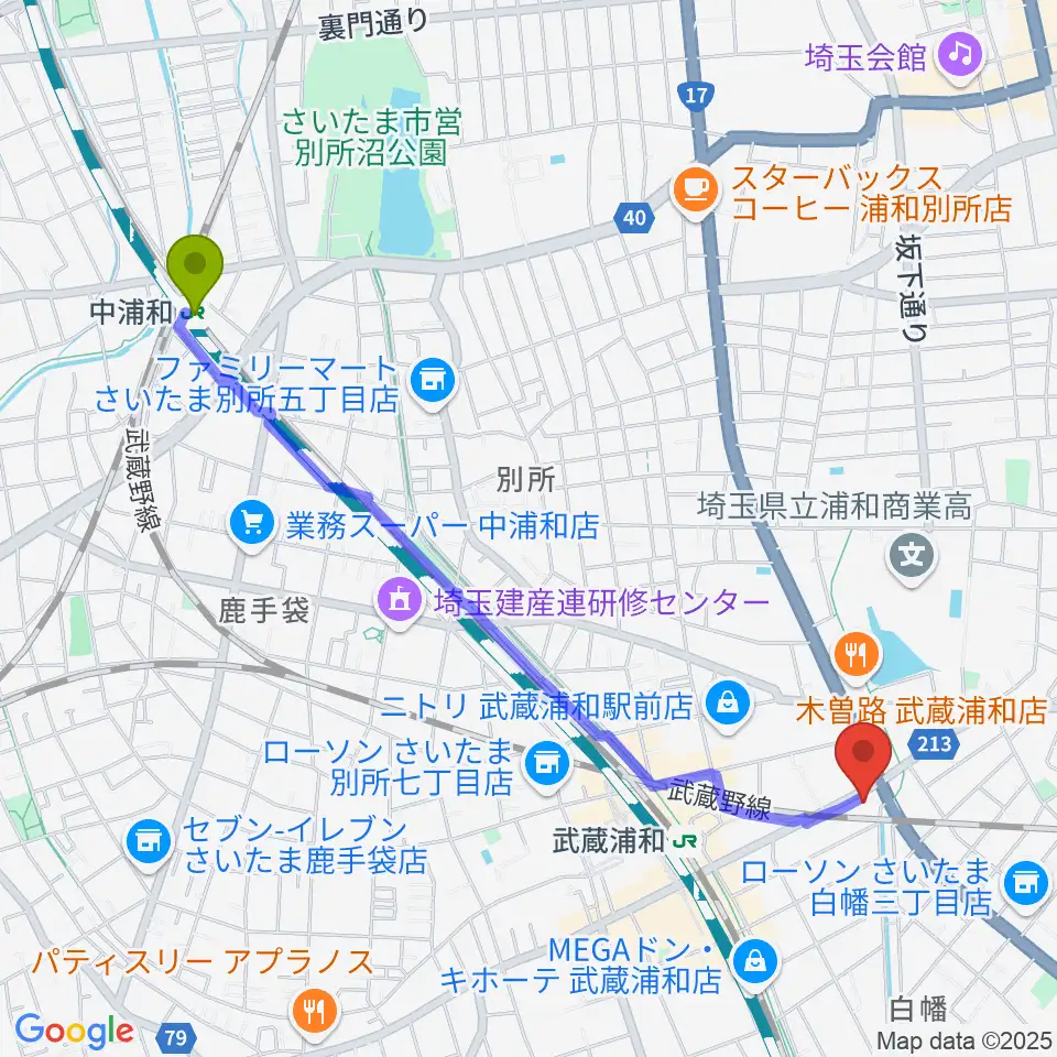 中浦和駅から柏屋楽器 武蔵浦和ミュージックセンターへのルートマップ地図