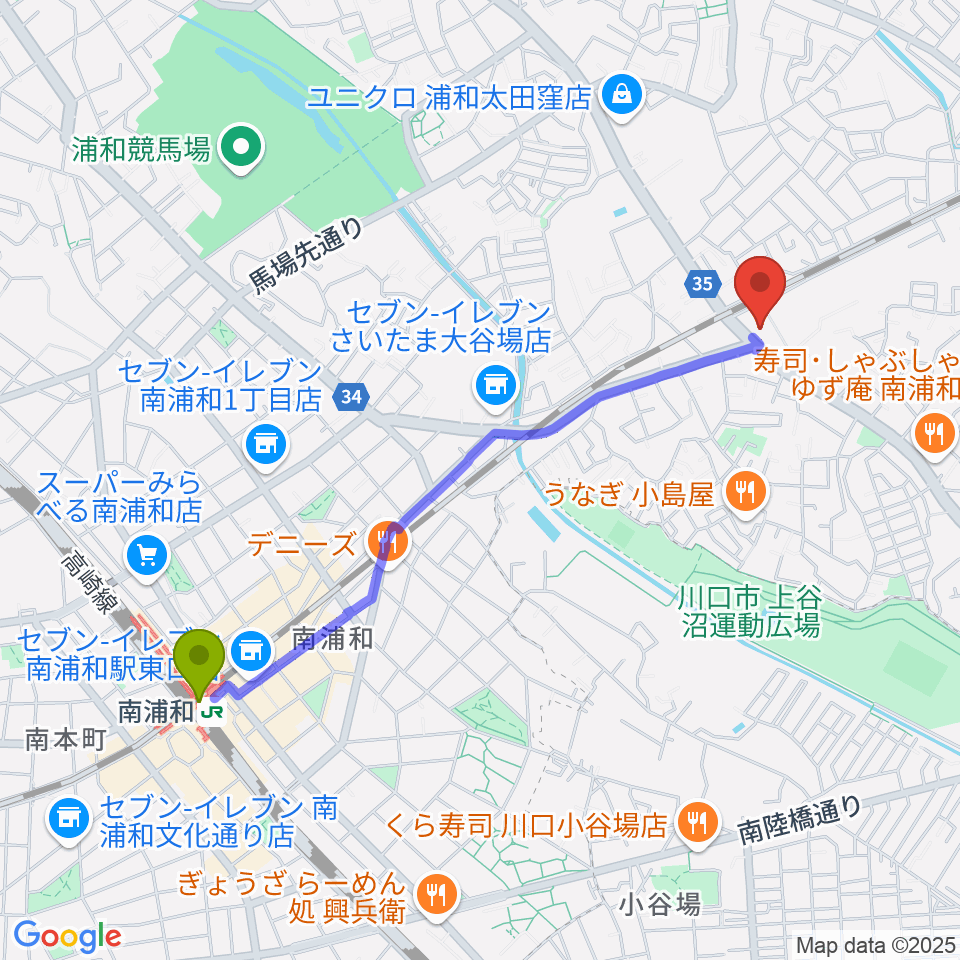 柏屋楽器 ミュージックサロン浦和南の最寄駅南浦和駅からの徒歩ルート（約22分）地図