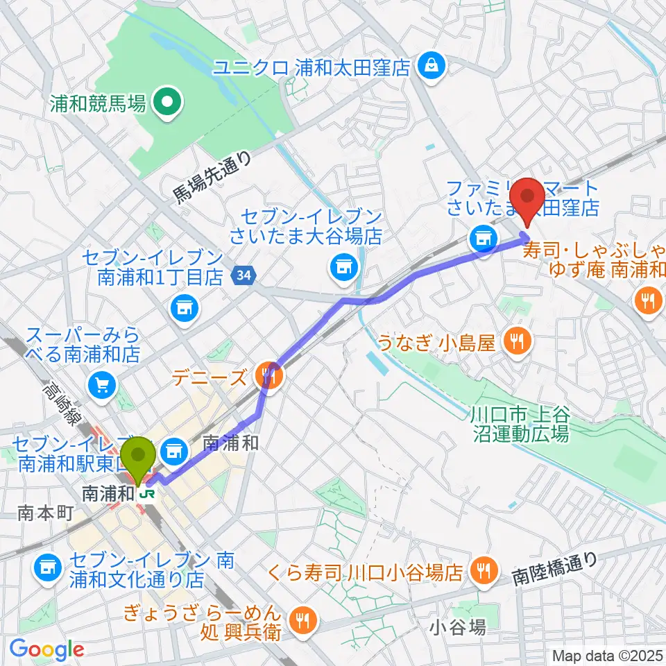 柏屋楽器 ミュージックサロン浦和南の最寄駅南浦和駅からの徒歩ルート（約22分）地図