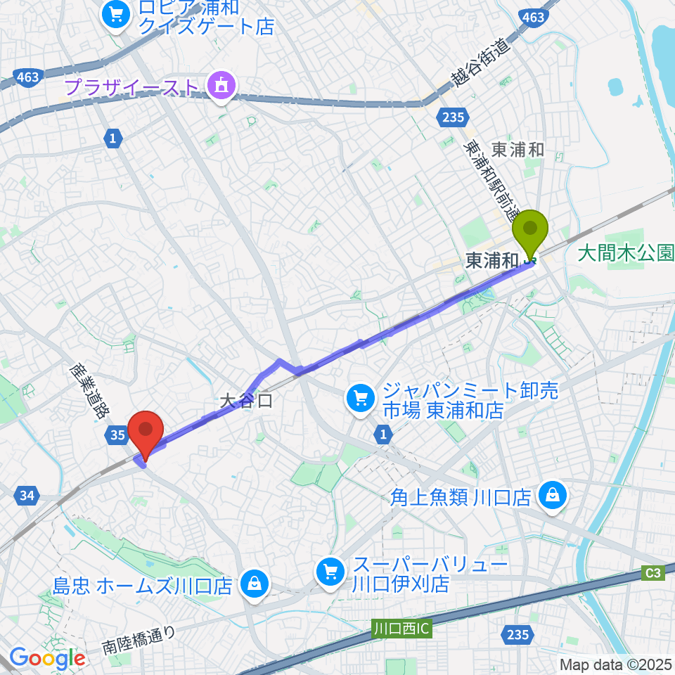 東浦和駅から柏屋楽器 ミュージックサロン浦和南へのルートマップ地図