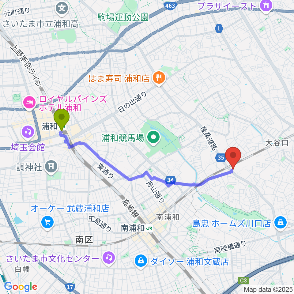 浦和駅から柏屋楽器 ミュージックサロン浦和南へのルートマップ地図