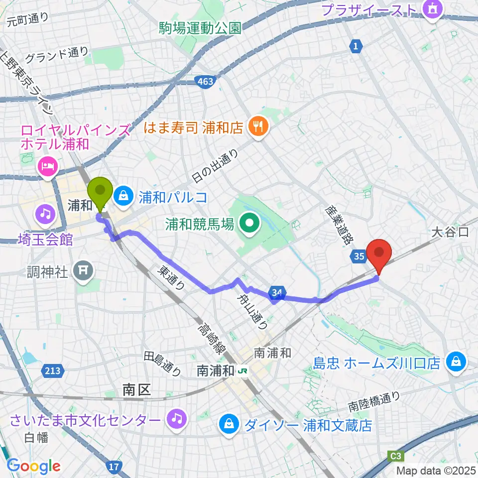 浦和駅から柏屋楽器 ミュージックサロン浦和南へのルートマップ地図