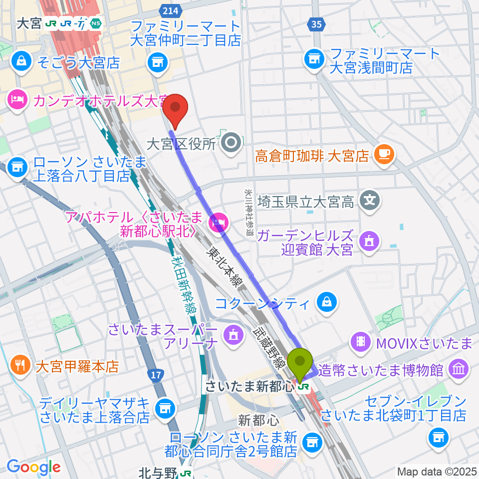 さいたま新都心駅から柏屋楽器 大宮ミュージックセンターへのルートマップ地図