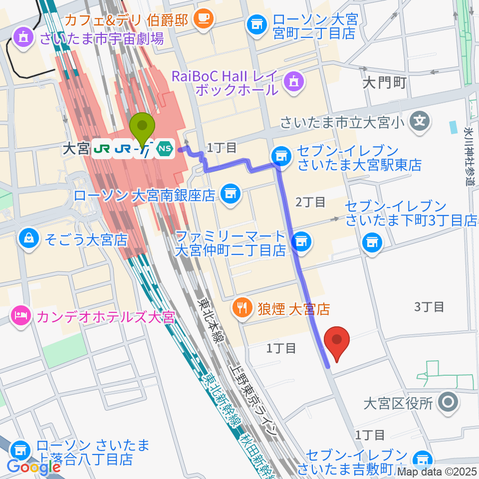 柏屋楽器 大宮ミュージックセンターの最寄駅大宮駅からの徒歩ルート（約9分）地図