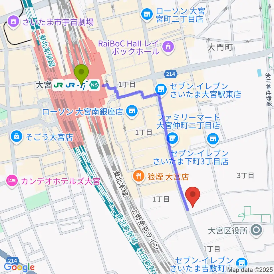 柏屋楽器 大宮ミュージックセンターの最寄駅大宮駅からの徒歩ルート（約9分）地図