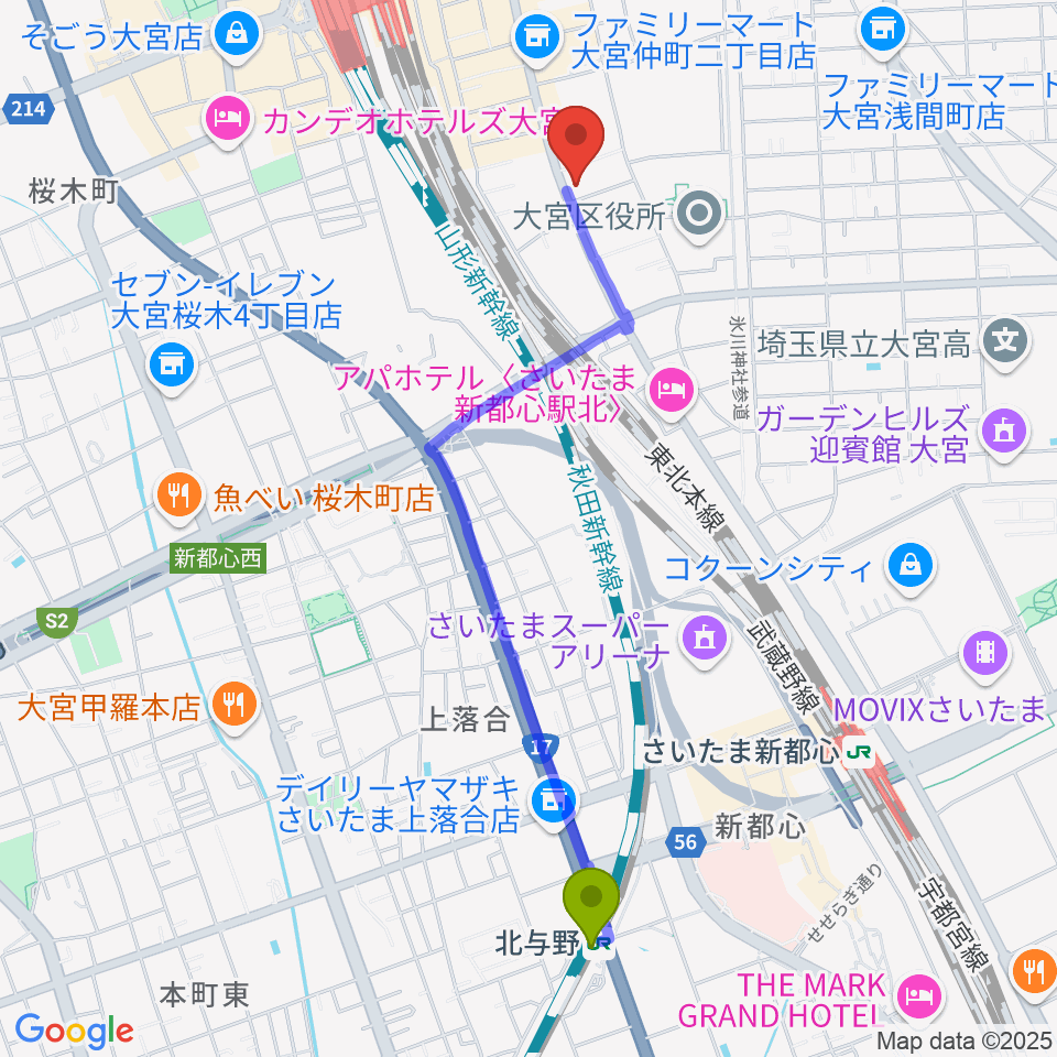 北与野駅から柏屋楽器 大宮ミュージックセンターへのルートマップ地図