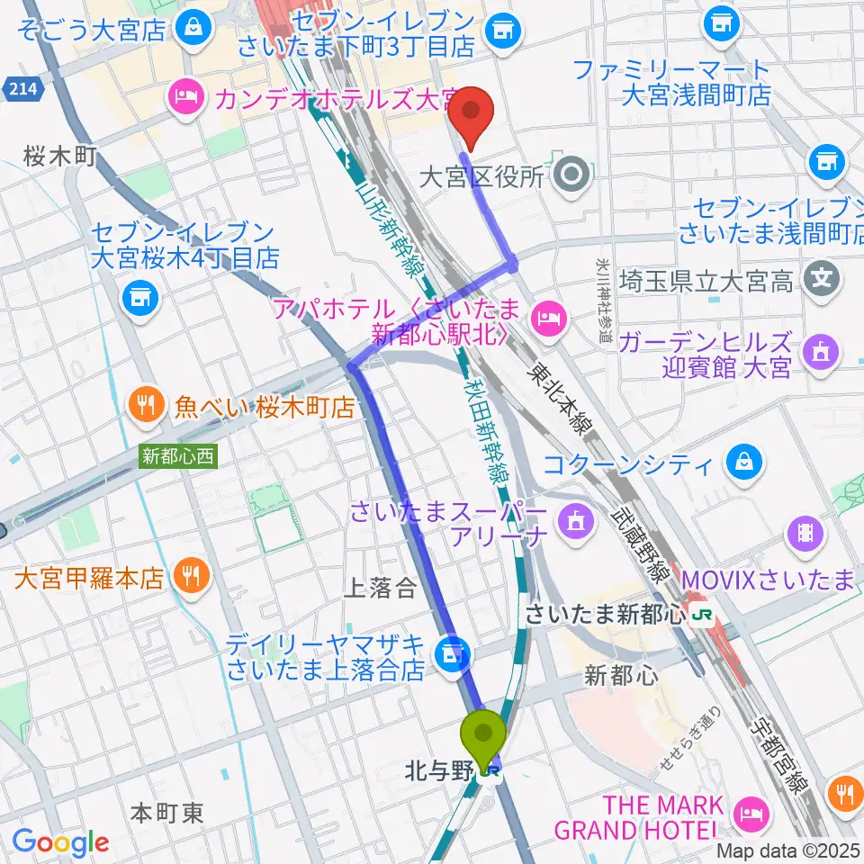 北与野駅から柏屋楽器 大宮ミュージックセンターへのルートマップ地図