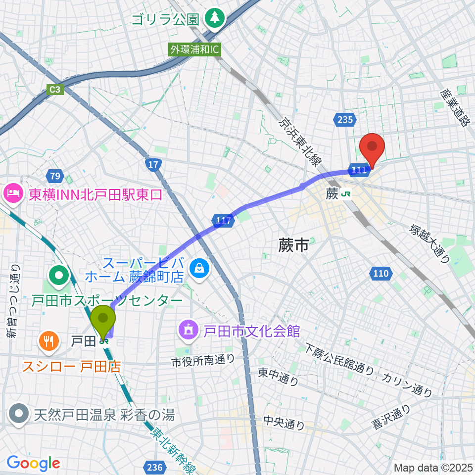 戸田駅から柏屋楽器 蕨ミュージックセンターへのルートマップ地図