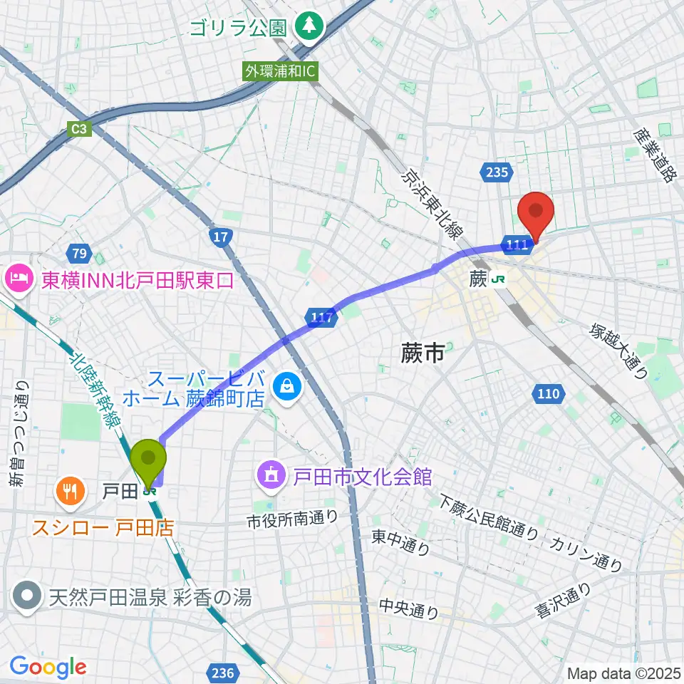 戸田駅から柏屋楽器 蕨ミュージックセンターへのルートマップ地図