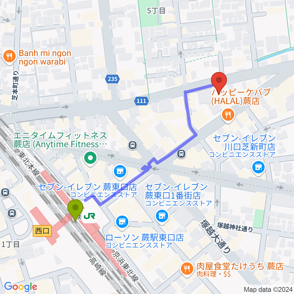 柏屋楽器 蕨ミュージックセンターの最寄駅蕨駅からの徒歩ルート（約5分）地図