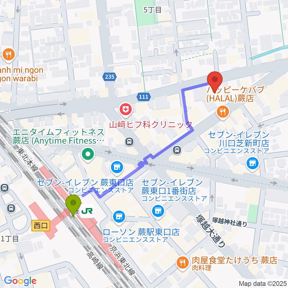 柏屋楽器 蕨ミュージックセンターの最寄駅蕨駅からの徒歩ルート（約5分）地図