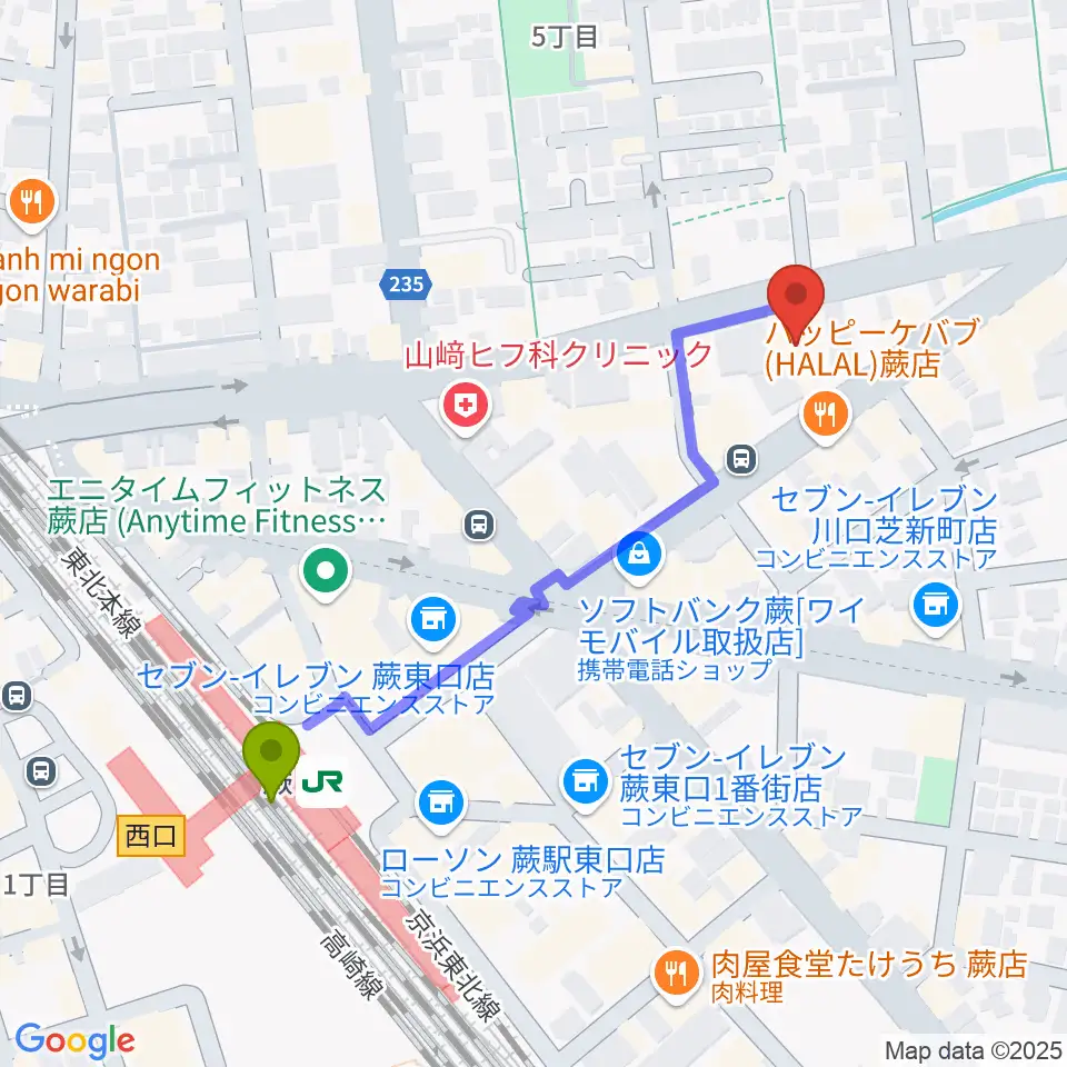 柏屋楽器 蕨ミュージックセンターの最寄駅蕨駅からの徒歩ルート（約5分）地図