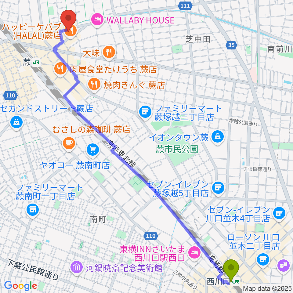 西川口駅から柏屋楽器 蕨ミュージックセンターへのルートマップ地図