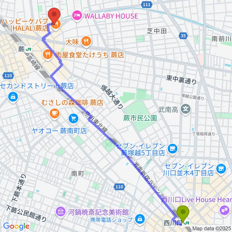 西川口駅から柏屋楽器 蕨ミュージックセンターへのルートマップ地図