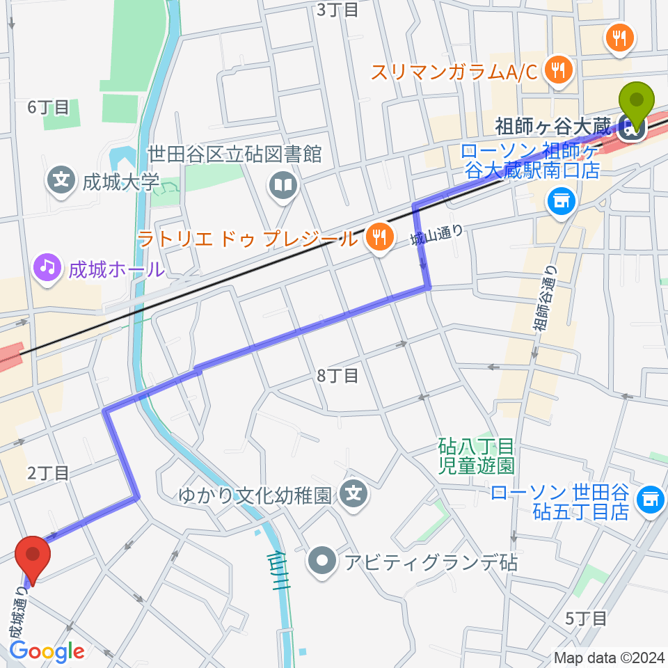 祖師ヶ谷大蔵駅から成城F*GICCOへのルートマップ地図