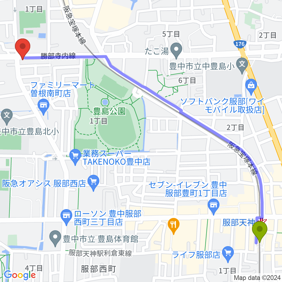 服部天神駅から曽根ライブカフェアレサへのルートマップ地図