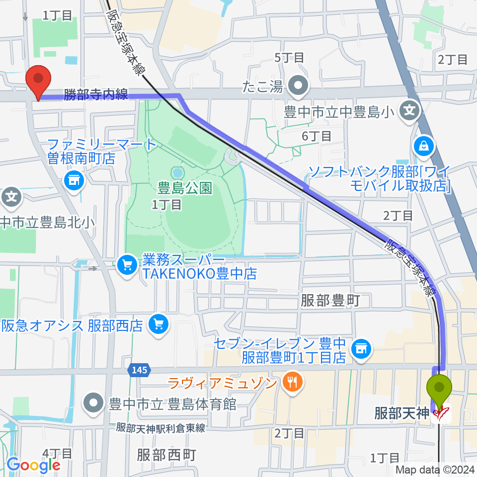 服部天神駅から曽根ライブカフェアレサへのルートマップ地図