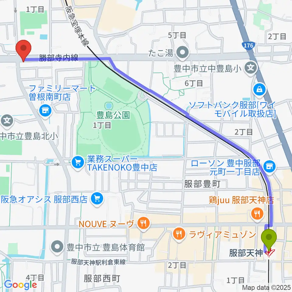 服部天神駅から曽根ライブカフェアレサへのルートマップ地図