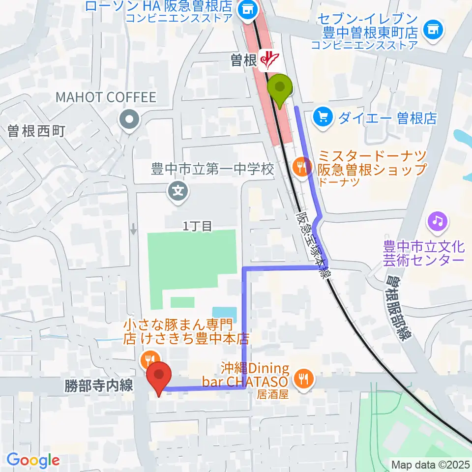 曽根ライブカフェアレサの最寄駅曽根駅からの徒歩ルート（約5分）地図