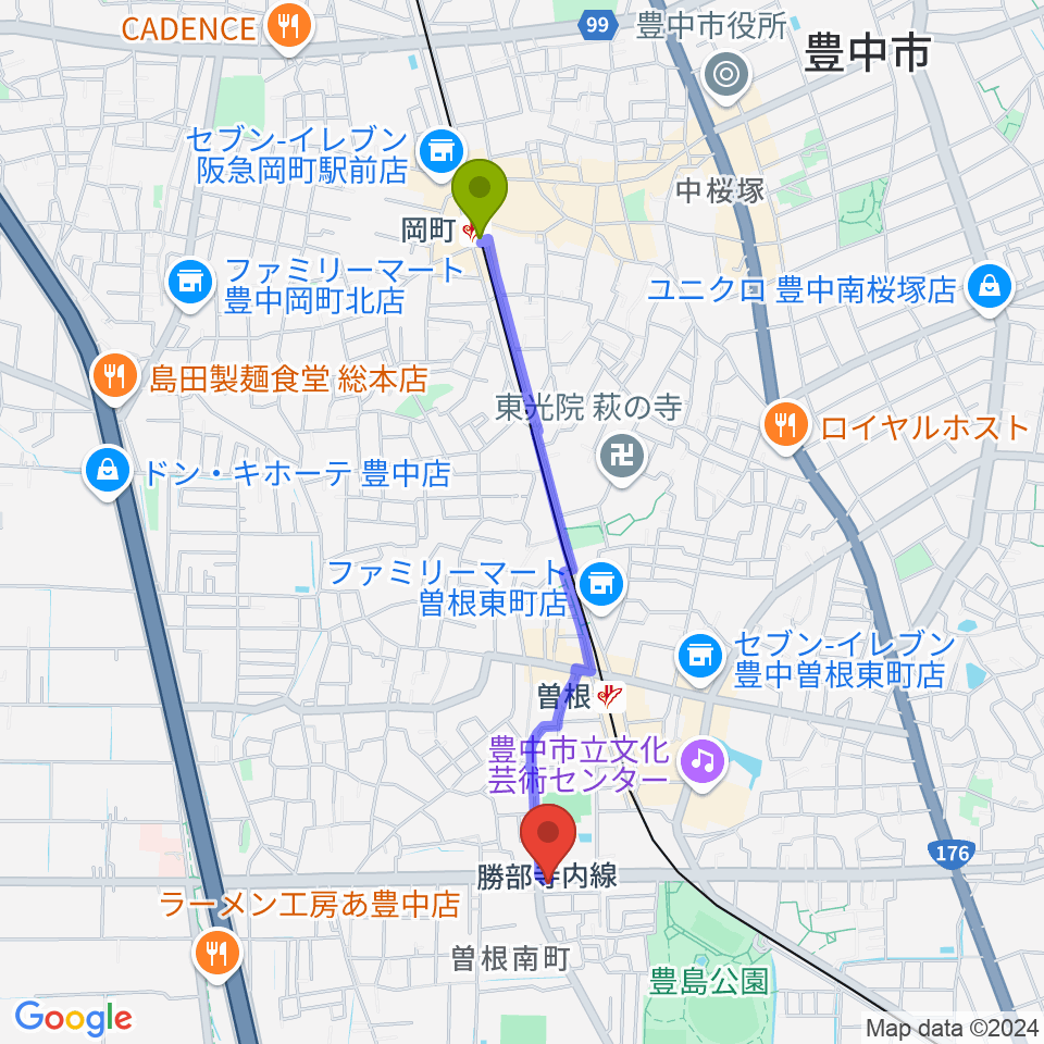 岡町駅から曽根ライブカフェアレサへのルートマップ地図